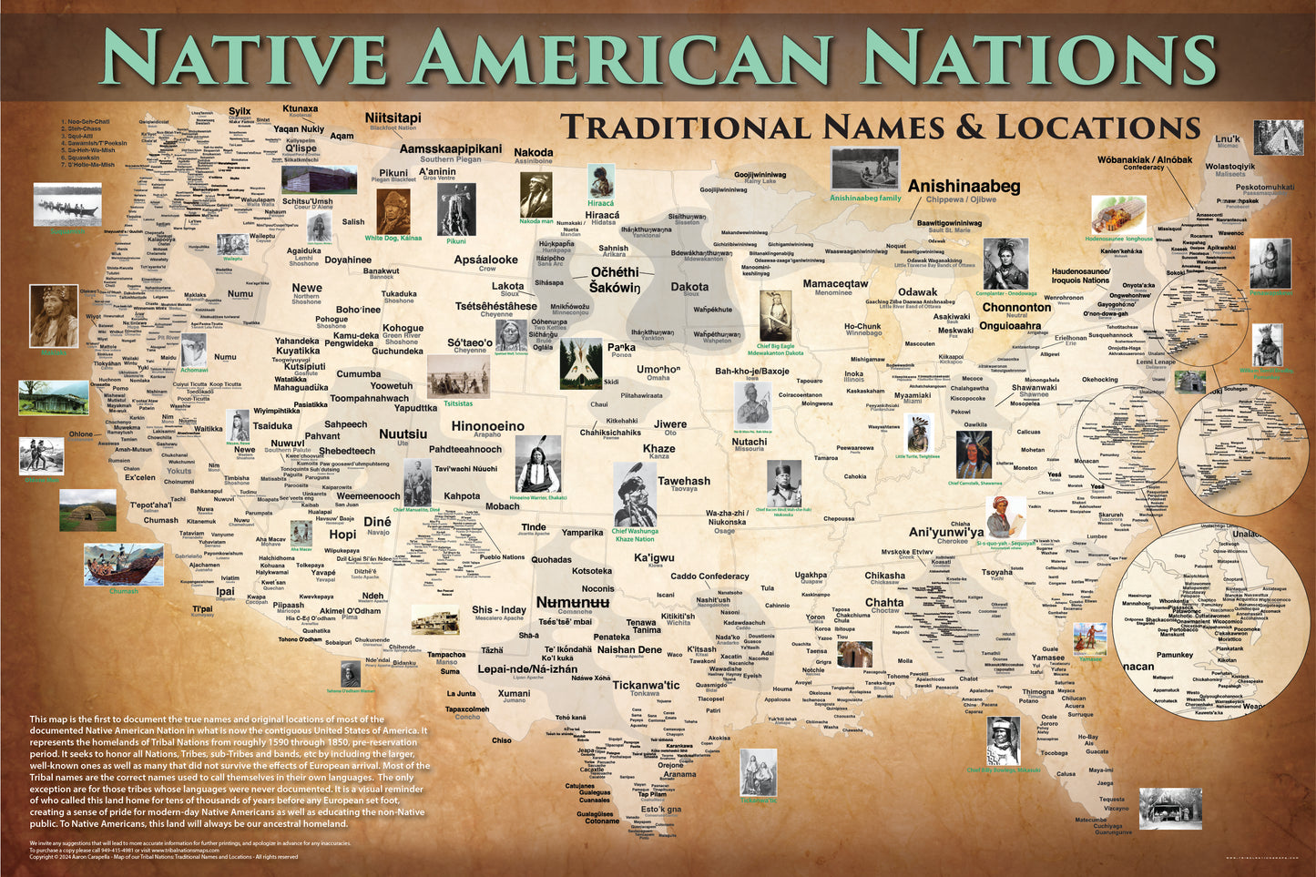 Native America Map w/ State Borders, Native & Common Names — 24"x36" Poster